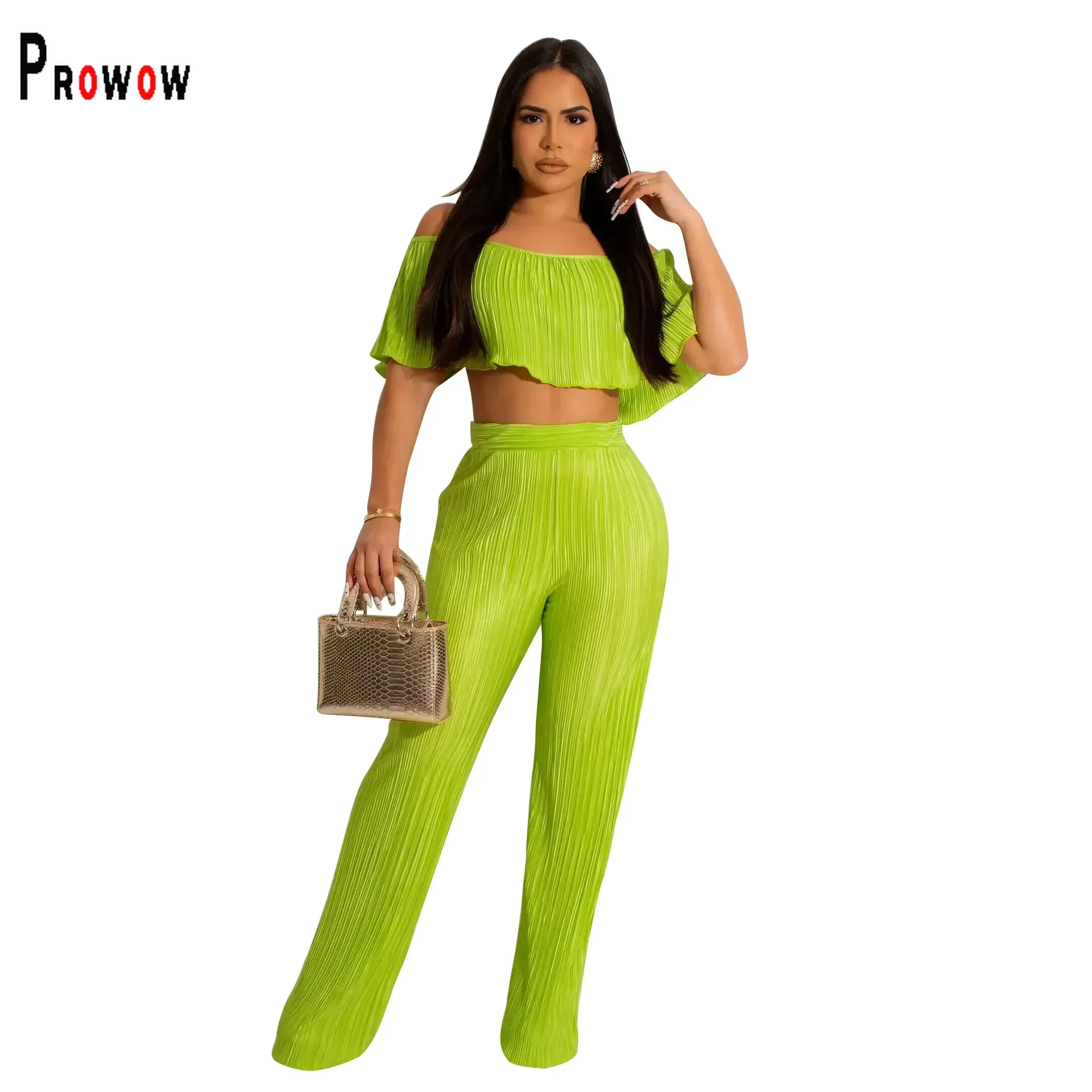 Prowow Fashion Two Piece Folds Women Suits Shoudlerless Cropped Tops High Waist Pant Summer Solid Color Slim Fit Clothing Set