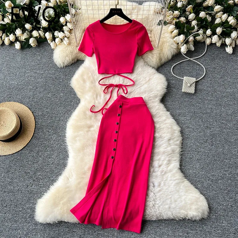 EWQ Casual Solid 2 Piece Set For Women Round Collar Short Bandage Top＋High Waist Single Button Split Long Skirt 2024 New 27X1263