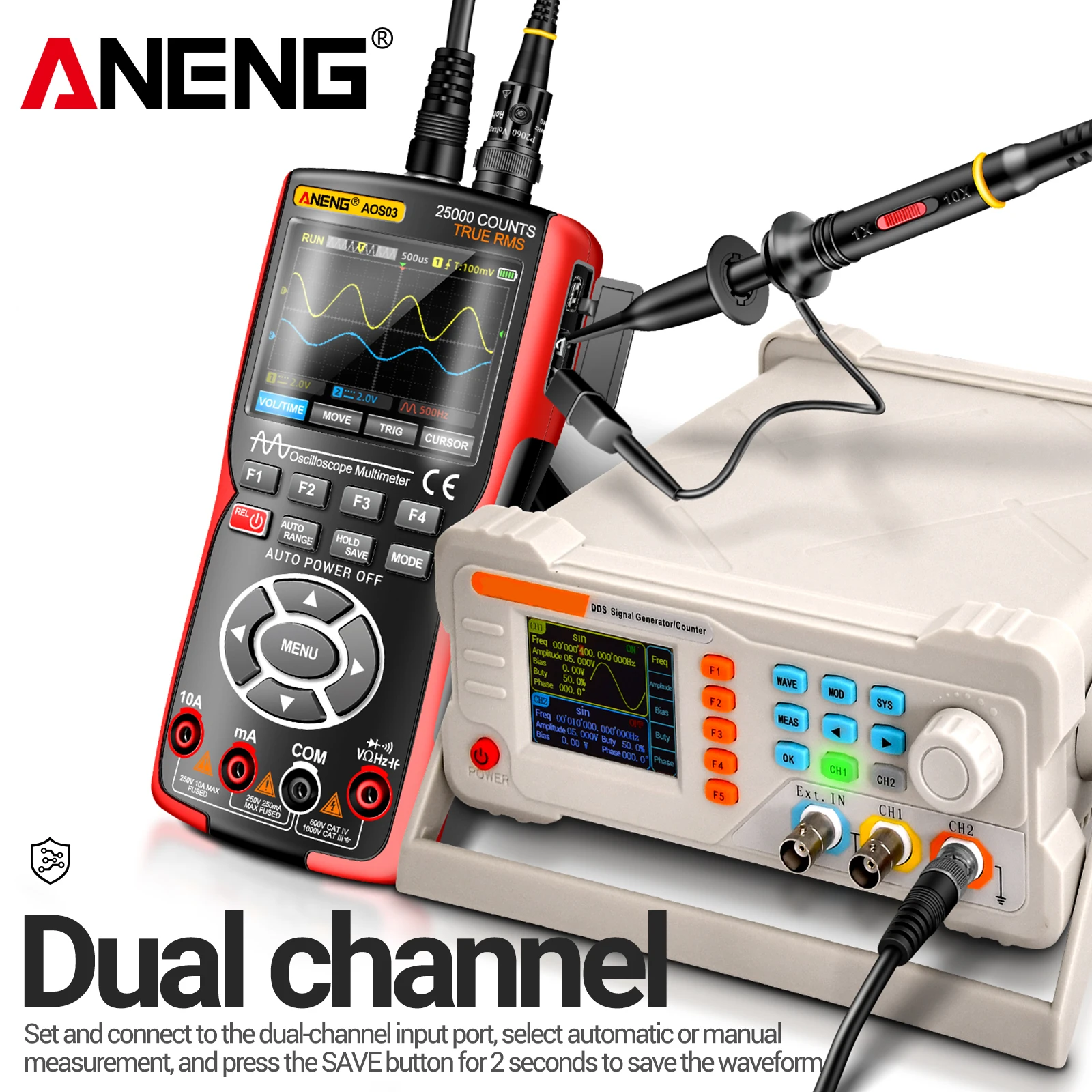 ANENG AOS03 Handheld Dual Channel Waveform Oscilloscope Dual Multimeter 3-in-1 LCD Display Digital Multimeter