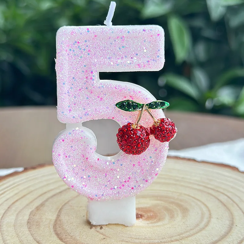 Cute Pink Cherry Digital Candles, Super Shiny Pink Sequined Birthday Candles, Festival Party Dessert Cake Decoration Plugins