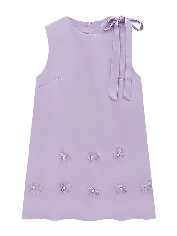 فستان صغير أنيق ثلاثي الأبعاد برقبة دائرية ، بدون أكمام ، خزان قصير ، فستان حفلات ، موضة صيفية ، بيج ، أرجواني ، عطلة