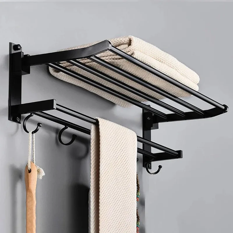 2 Layer Bathroom Towel Rack with Drilling Wall Mounted Folding Towel Hanger with Movable Hook Black Bath Towel Organizer Shelf