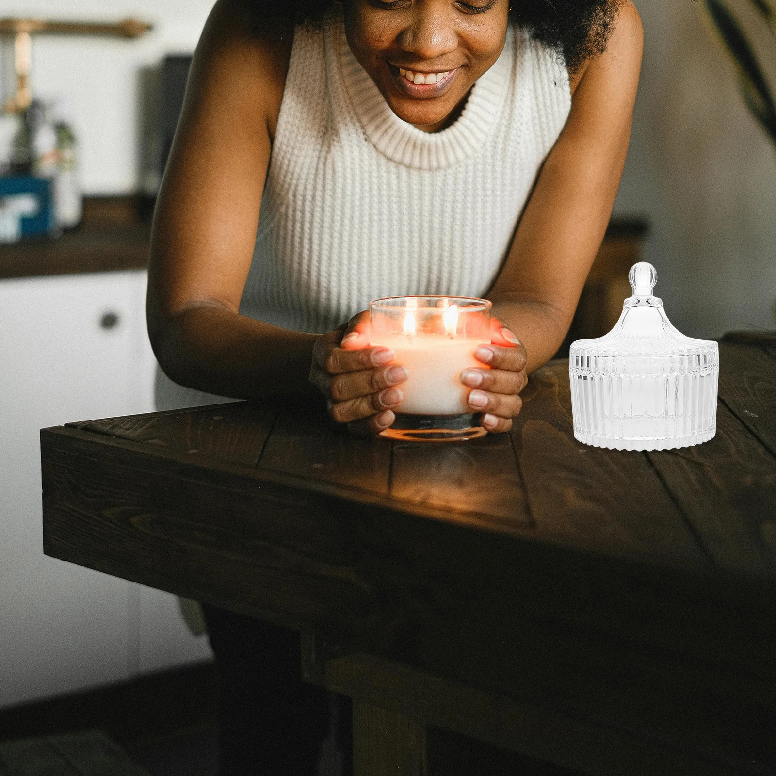 

Vintage Glass Jar with Lid Yurt Shape Holder Decorative Glass Bowl Aromatherapy Tealight Can Clear Jewelry Dish