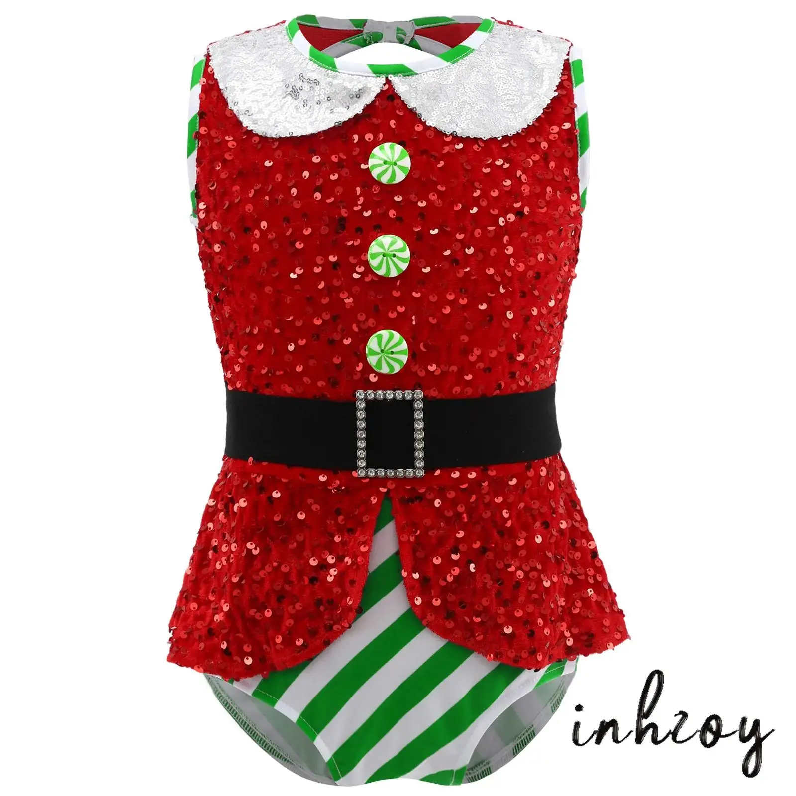 

Girls Christmas Jumpsuit Sparkly Sequins Sleeveless Adorned with Candy Buttons Xmas Bodysuit And Waistbelt for Christmas Parties