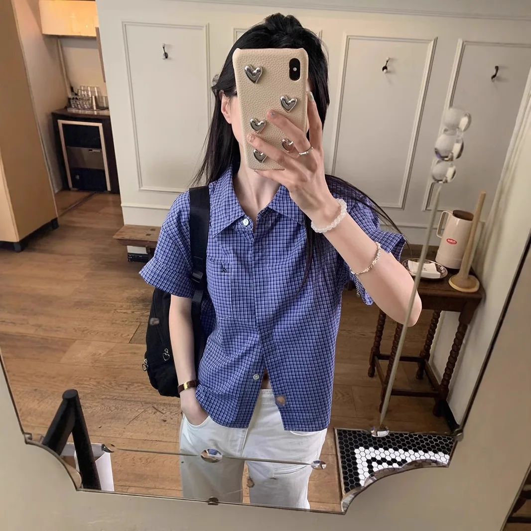 Casa de madeira hong kong sle xadrez ort sve casual irt preguiçoso sle topo verão nova chegada fibra de poliéster feminino 00%