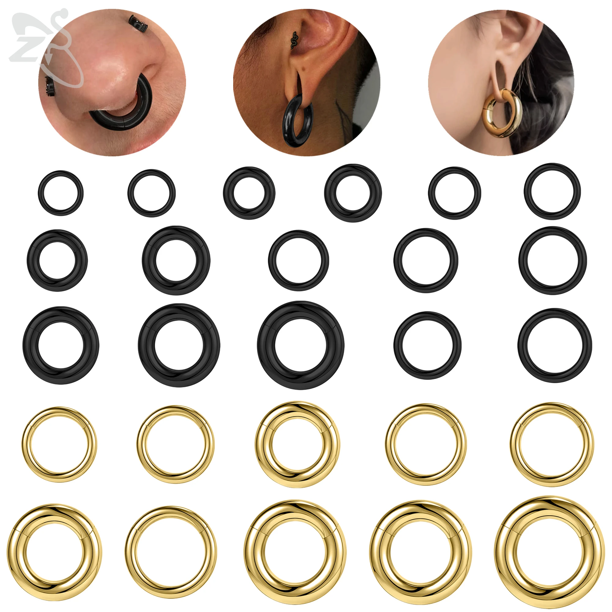 ZS 1 PC 12/10/6/4/2G Pierścień do nosa ze stali tytanowej klasy G23 Mężczyźni Kobiety Duży ekspander do uszu Piercing przegrody Segment Pierścienie Clicker
