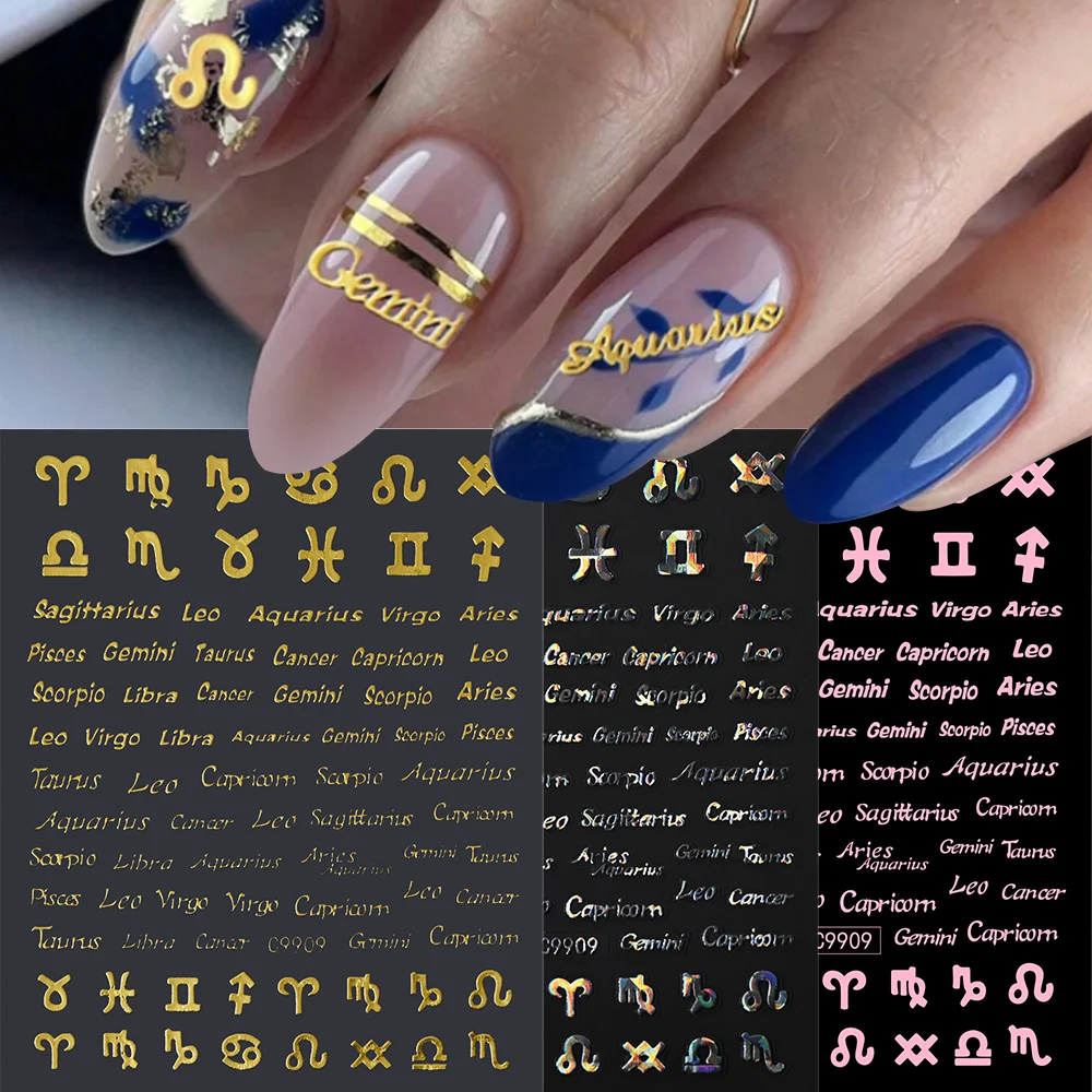 12Pc Constellation Nail Stickers Pisces Aries Scorpio Alphabet Symbol 3D Bronzing Nail Art Sticker Self Adhesive Manicure Decals