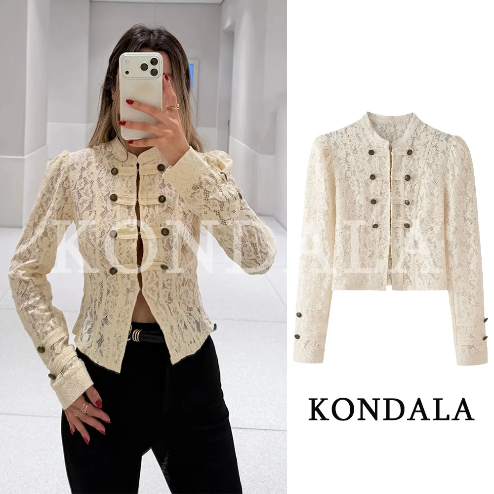 KONDALA Women Vintage Chic Lace Jacket 2026 Summer Early Fall Trendy Elegant Dating Dinner Jacket Rope Buttons Trim Slim Jacket