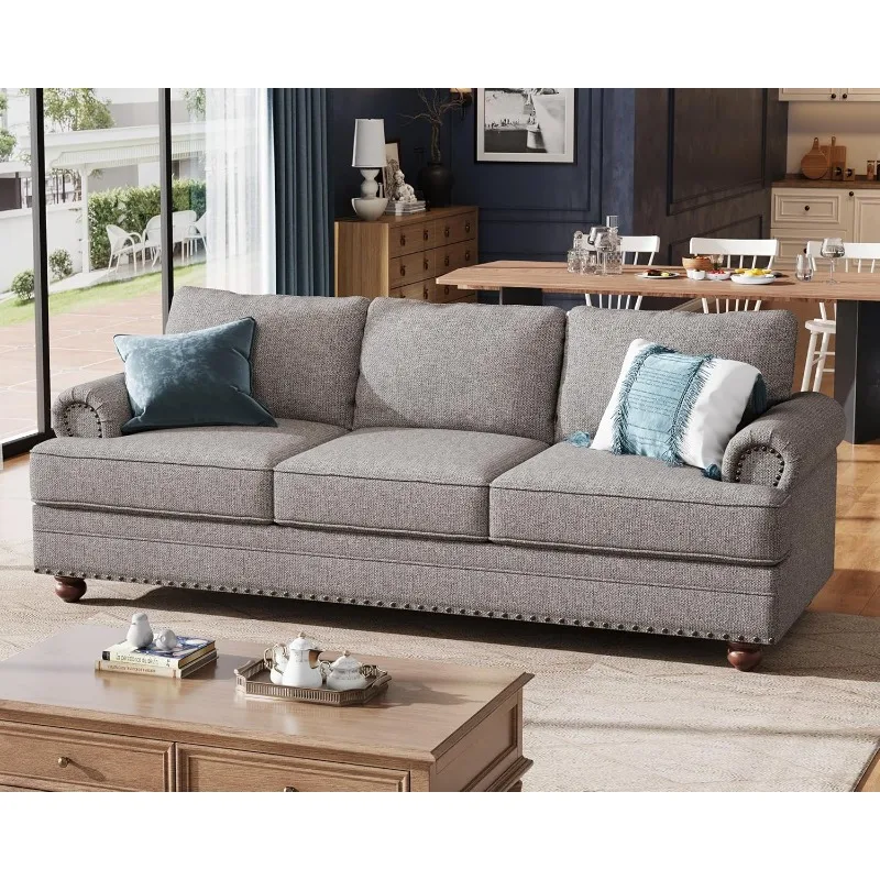 

89 Inch Sofa, 3 Seater Couch with Rolled Arms & Nailhead Trim, Modern Couch for Living Room, Grey Linen Sofa Couch