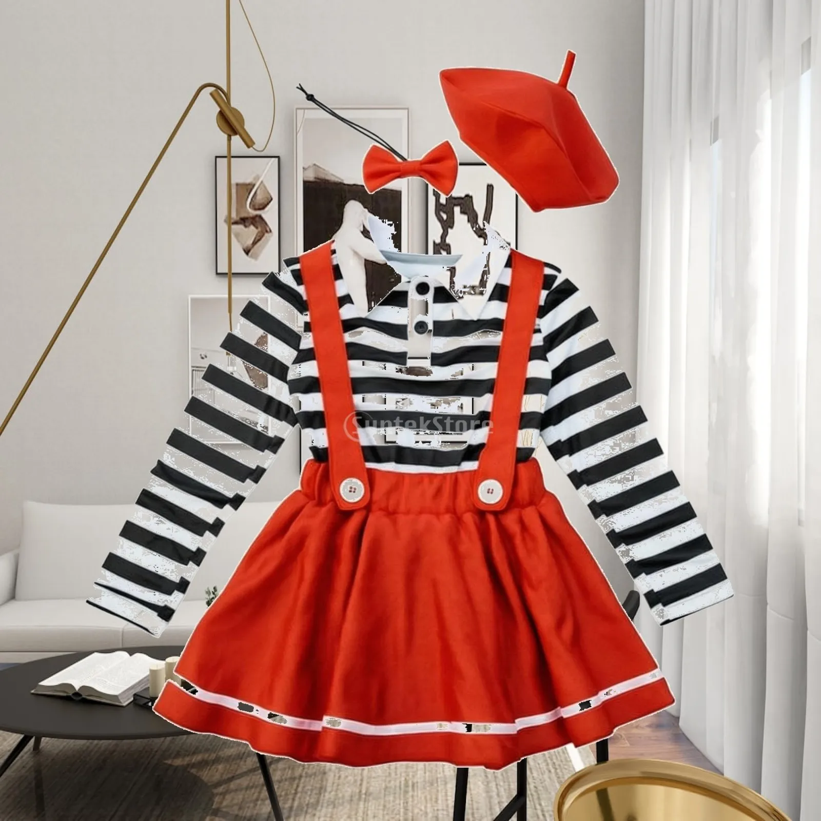 Children Red Suspenders Skirt Costume with Striped Shirt and Hat for Stage Performance Party