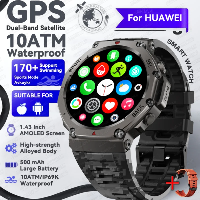 GUHUAVMI Militärische GPS-Smartwatch, 1,43 Zoll AMOLED, voller Touchscreen, 10 ATM/IP69 K, wasserdicht, integrierter GPS-Kompass, 170+, Sport-Smartwatches für Herren 4