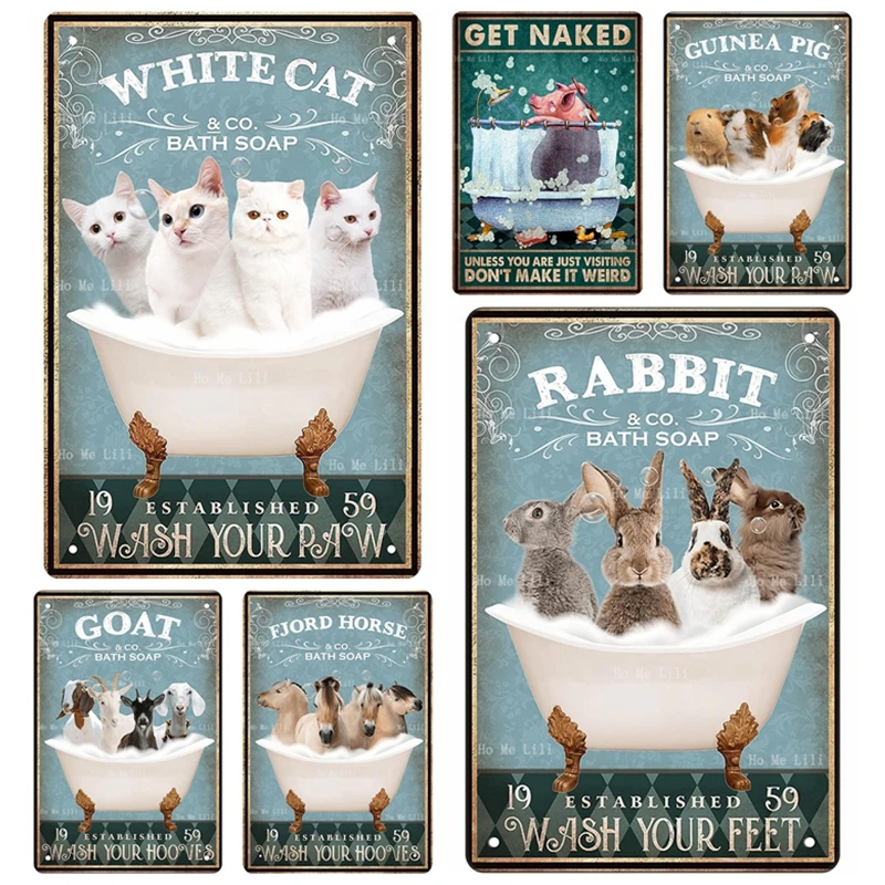 Funny Cat Guinea Pig Goat Rabbit Vintage Bathroom And Bathtub Animal Lovers Accessories Metal Sign Decor