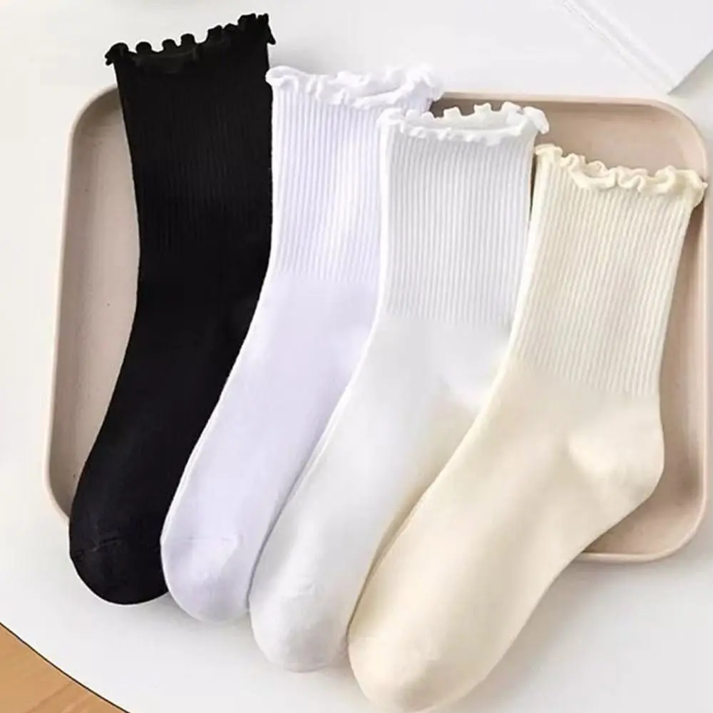Kawaii Solid Color Women Ruffle Socks Cotton Comfortable Stack Socks Breathable JK Sock
