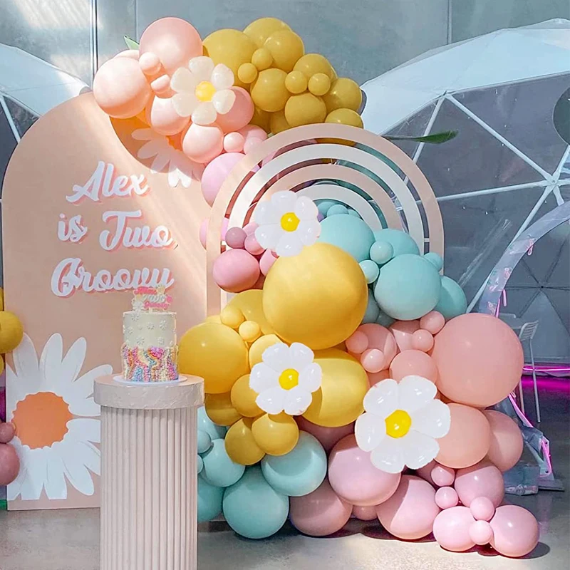 140Pcs Daisy Balloon Garland Arch Kit Groovy Flower Theme For Birthday Party Decoration Baby Shower Bridal Wedding Double Layer