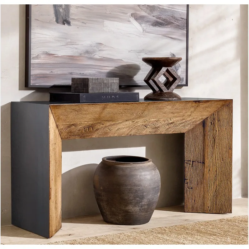 American rural retro entrance cabinet, modern simple wabi-sandy wind solid wood hall partition table