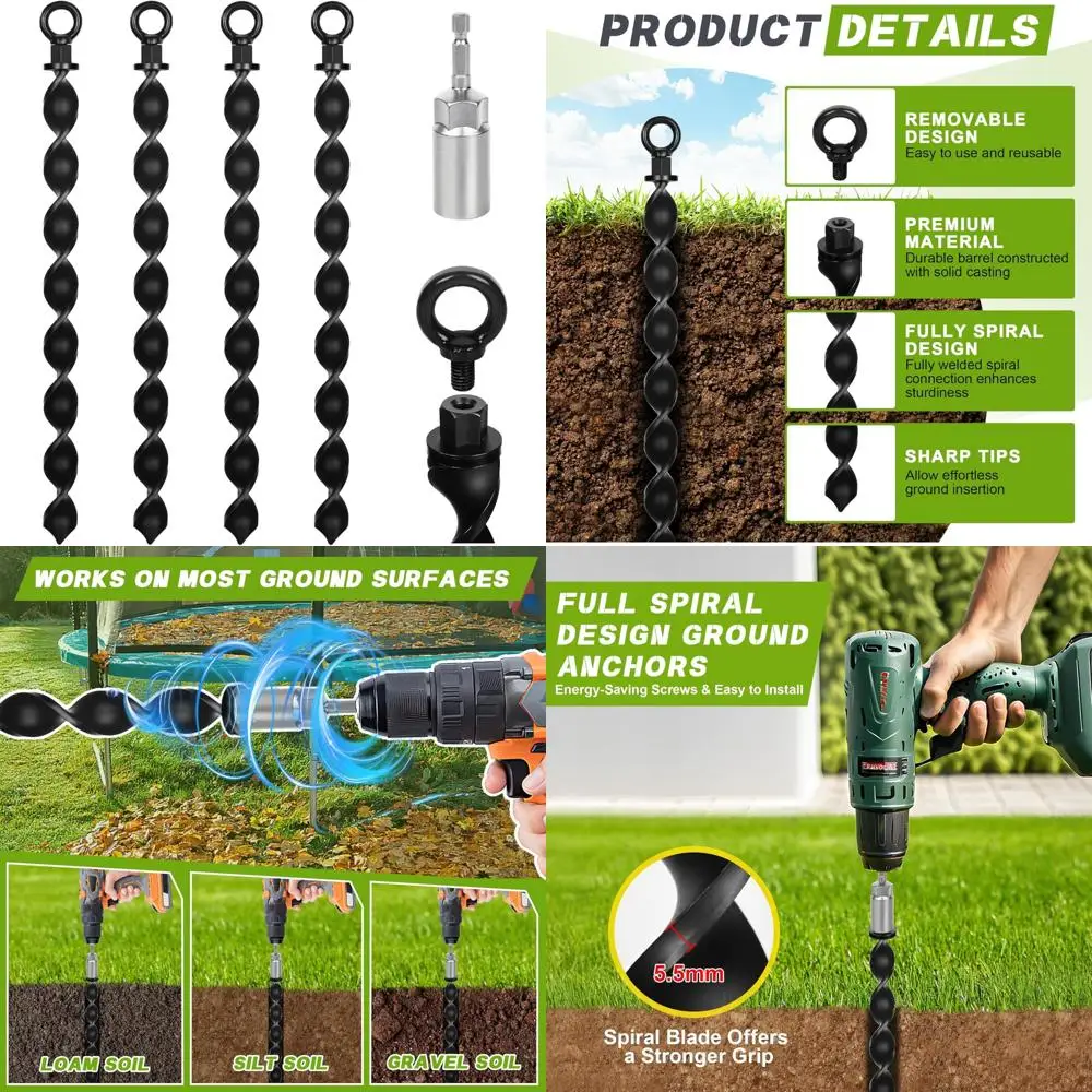 

Heavy Duty Spiral Ground Anchors for Sheds, Trampolines, Tents, Carports - 4 Pack High Wind Resistance Stakes for Outdoor Stabil
