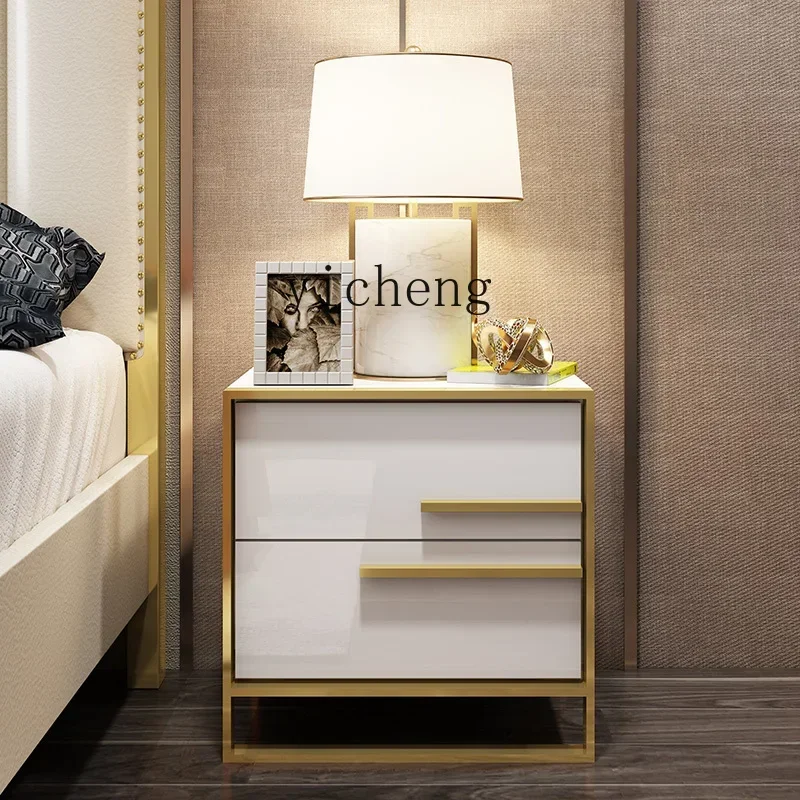 U6.2 Bedside Table Black and White Glossy Lacquer Stainless Steel Gold Plated Bedroom 40cm Storage Cabinet