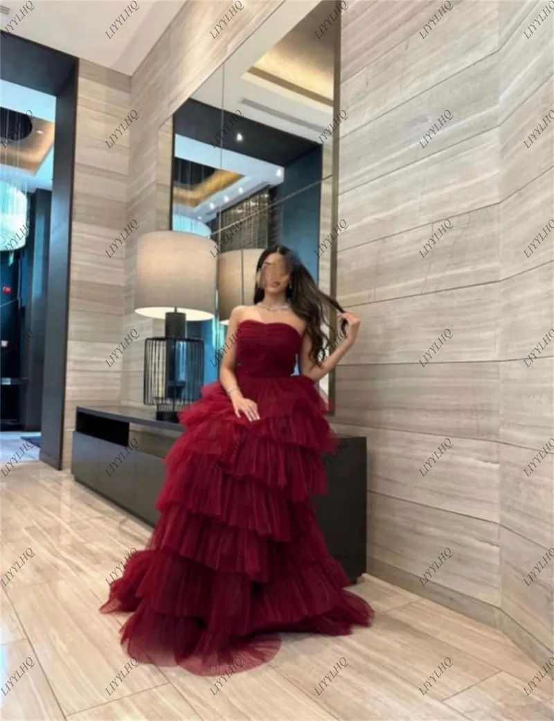 LIYYLHQ Sexy Burgundy Tiered Prom Dresses A-Line Pleated Sleeveless Mesh Tiered Tulle Evening Dresses robe de soirée de mariage