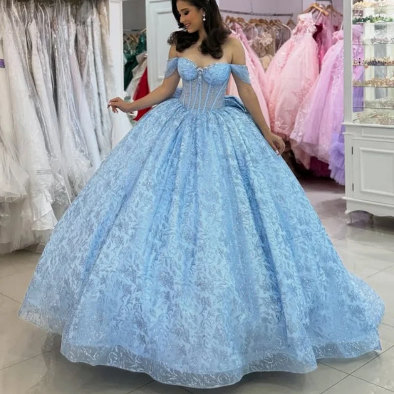 

Shiny sky blue Quinceanera Dress crystal glitter Decal Long tail Bow Vestidos De 15 Quinceanera ﻿Customize