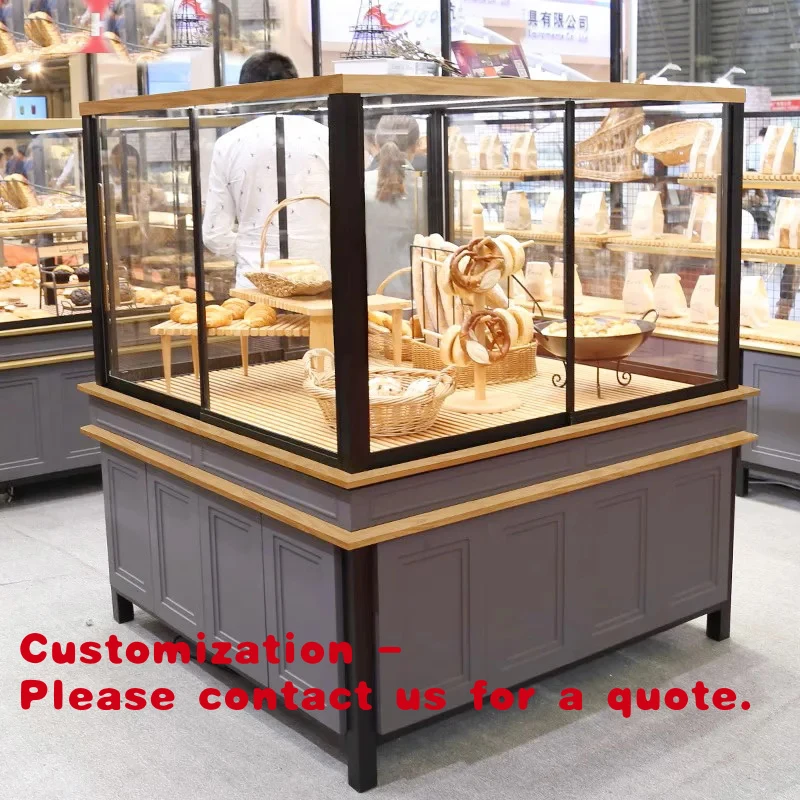 custom.Mushen Forest Commercial Display Rack Customized Modern Painted Glass Island Counter Bread Rack Solid Wood Iron Mall