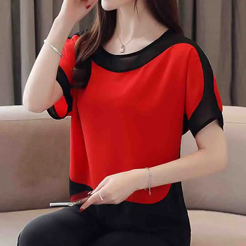 New Fashion Women\'s Summer Chiffon Blouses Short Sleeve Women Shirts Loose Woman Tops Elegant Office Woman Clothes  3397