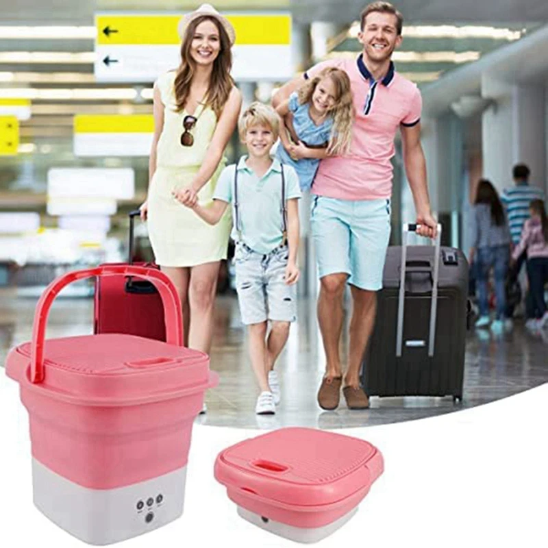 Pink Portable Travel Washing Machine, Mini Folding Washing Machine Combo With Small Collapsible Drain Basket