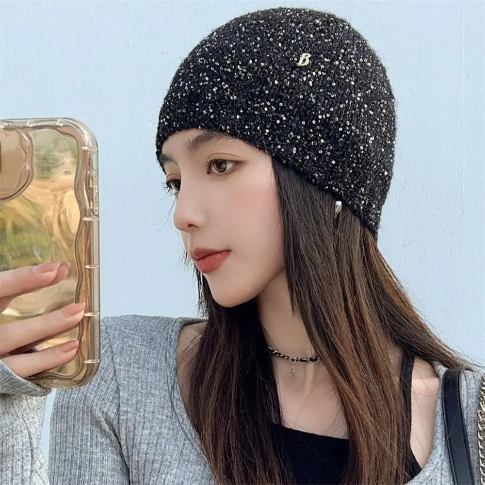 Cute Bow Bowknot Beanies Hat Black Beanies Sequin Knitted Hat Jennie Style Warm Cap Knit Cap Winter