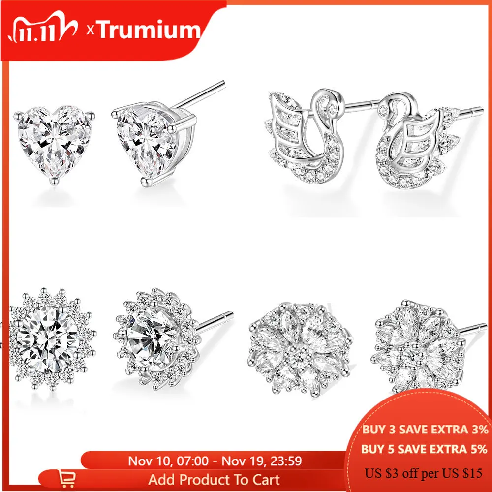 

Trumium Genuine 925 Sterling Silver Earring Sun Flower Heart Swan Dazzling Cubic Zirconia Stud Earrings For Women Girl Jewelry