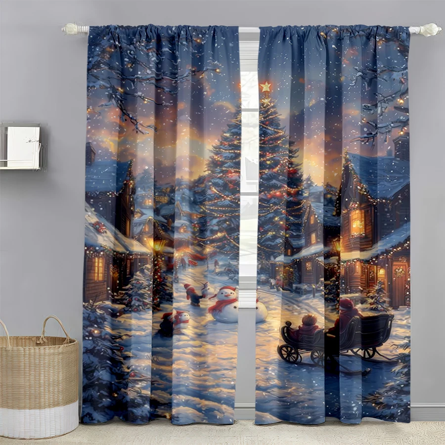 2PCS Christmas Digital Print Curtains, Snowy Christmas Village Sleigh Warm Lights, Cozy for Living Room Bedroom Window Decor