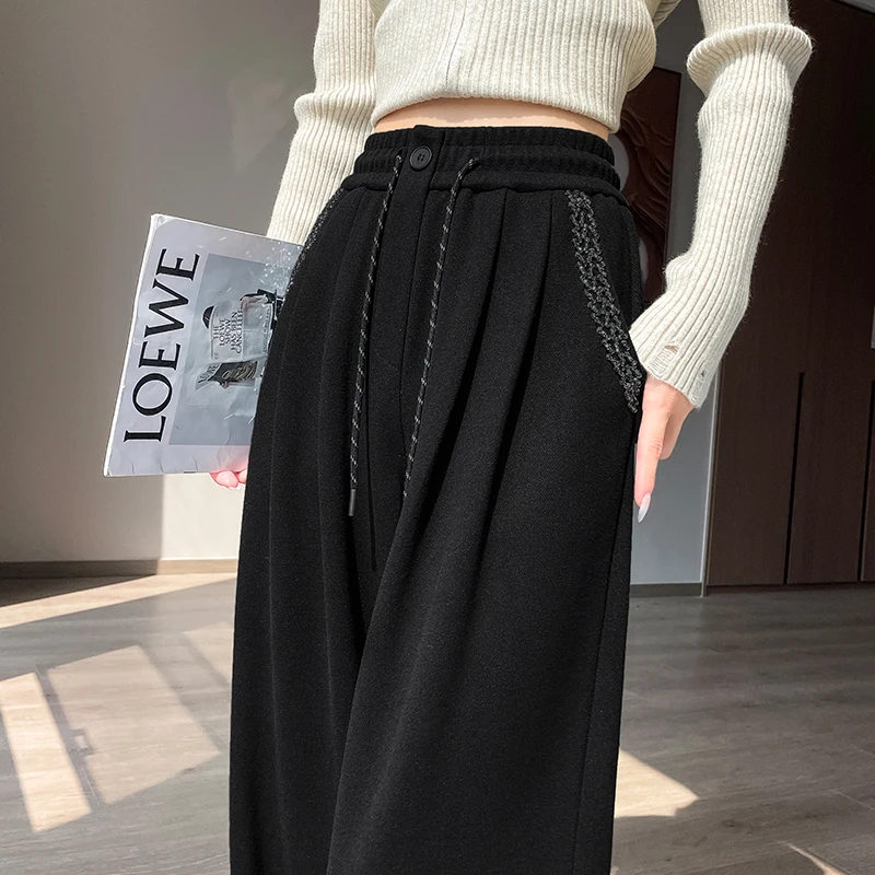 2024 New Arrival Autumn Winter Korea Style Women Good Quality Cotton Ankle-length Pants Casual Elastic Waist Wide Leg Pants V184