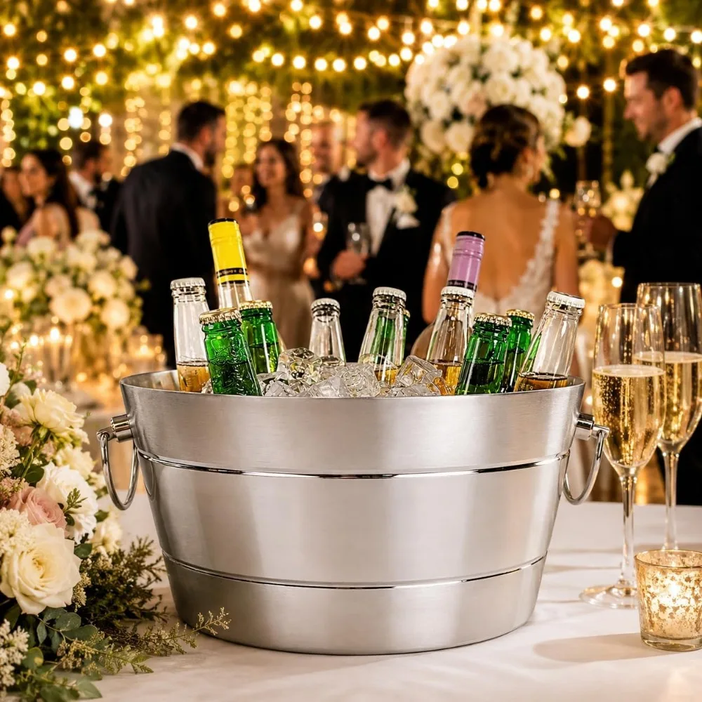 Double Wall Stainless Steel Ice Bucket, 12QT Leak Proof Drink Chiller for Parties, Wine & Beer