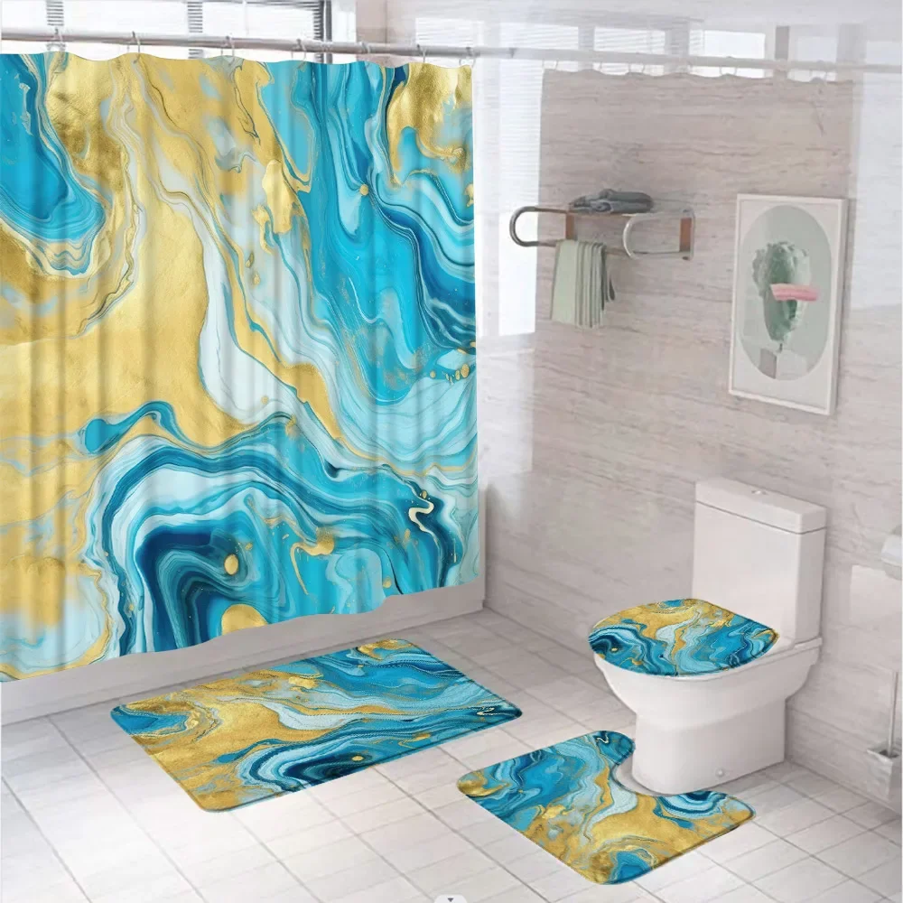 Blue Marble Shower Curtain Set Toilet Lid Cover Non-Slip Rug Luxury Gold Marbling 4Pcs Modern Abstract Bathroom Curtains 12 Hook