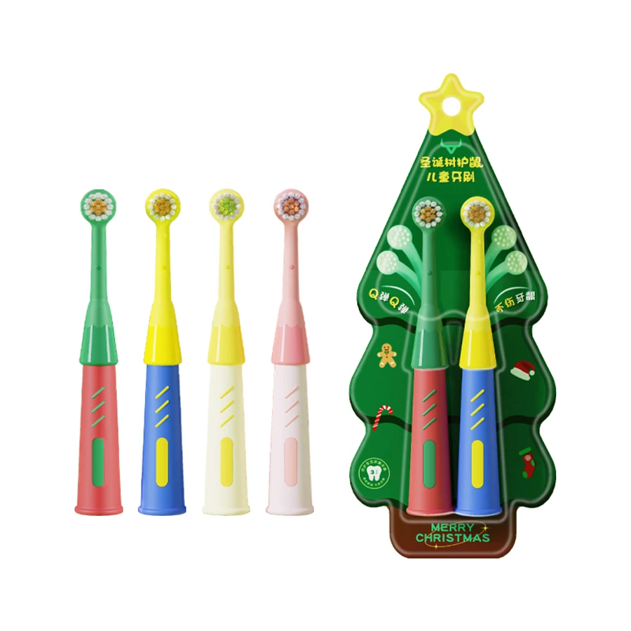 Children\'s toothbrush for ages 3-12, soft bristle, 2 pieces for home use, cartoon Christmas tree baby toothbrush