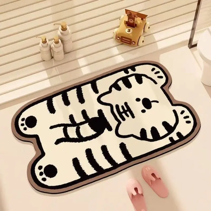 VIKAMA Cute Tiger Rug Irregular Shape Black White Stripe Non Slip Soft Flannel Floor Mat for Bedroom Kids Room Cartoon Animal