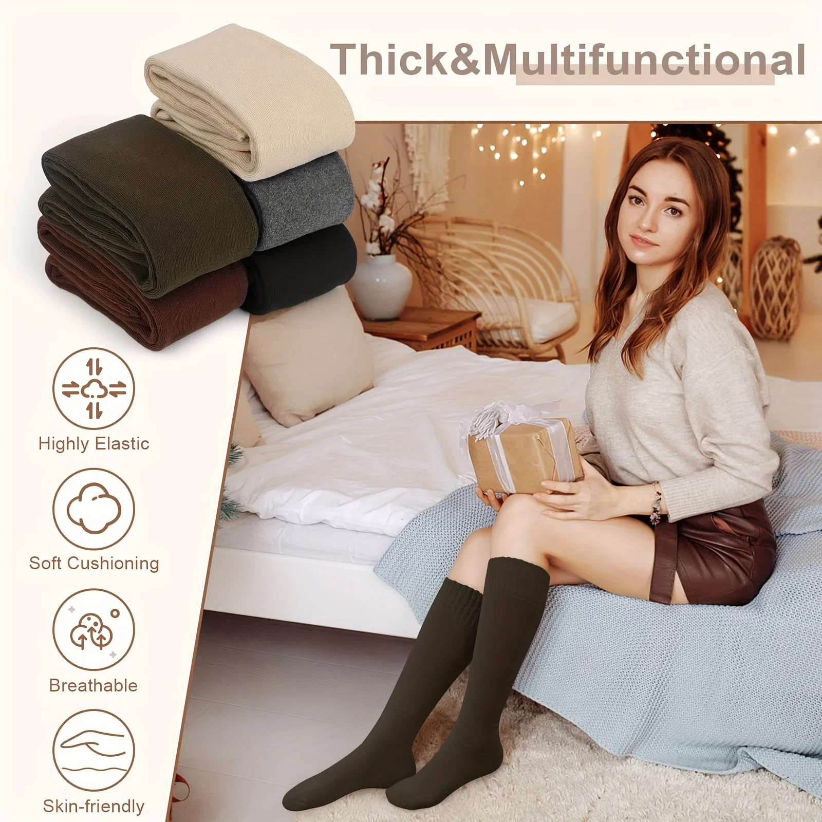 4 Pairs Warm Knee High Socks for Women, Soft Thick Stocking for Cold Weather, Thermal Womens Long Casual Winter Gifts Socks
