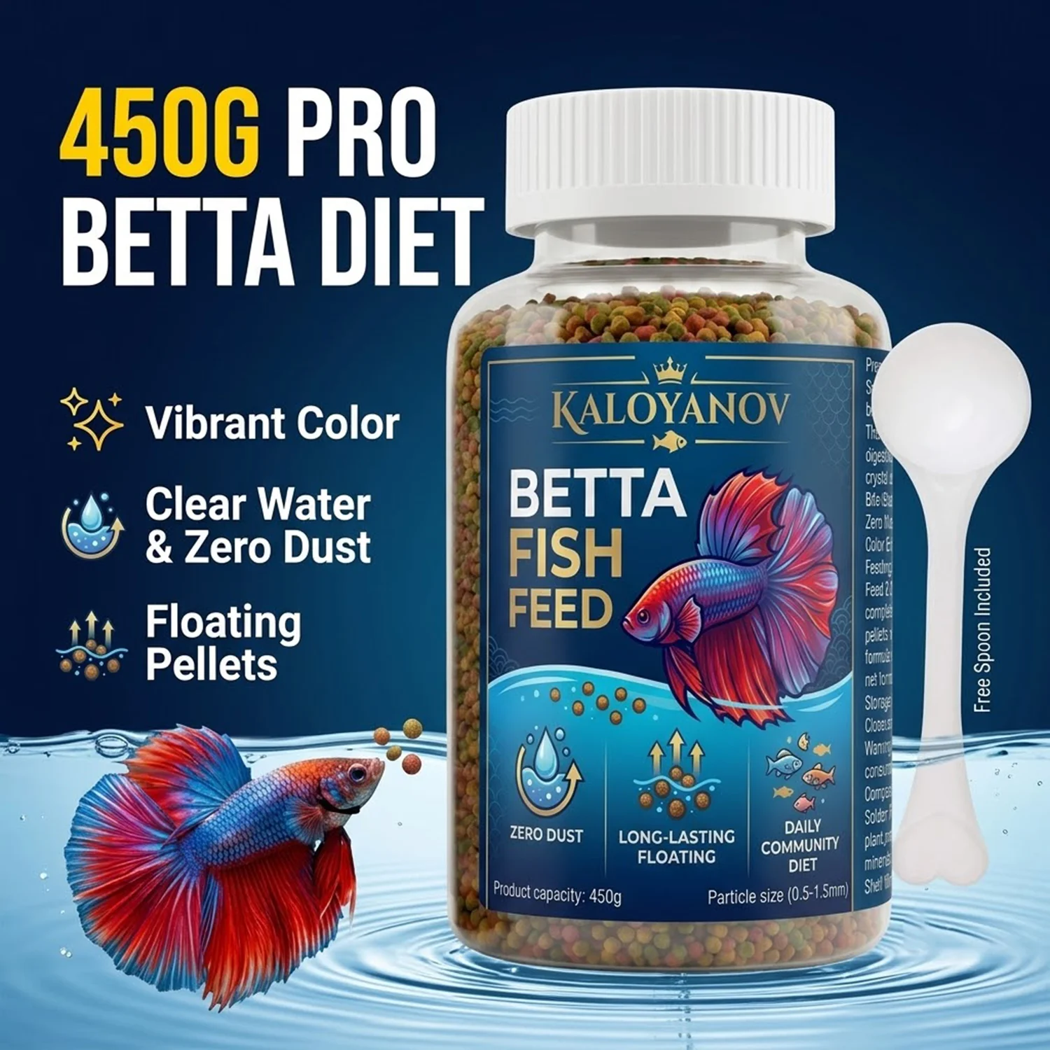 450g Premium Betta Fish Food Floating Micro Granules Nutrient-Rich Daily Diet with Scoop Zero Dust for All Small Tropical Fish