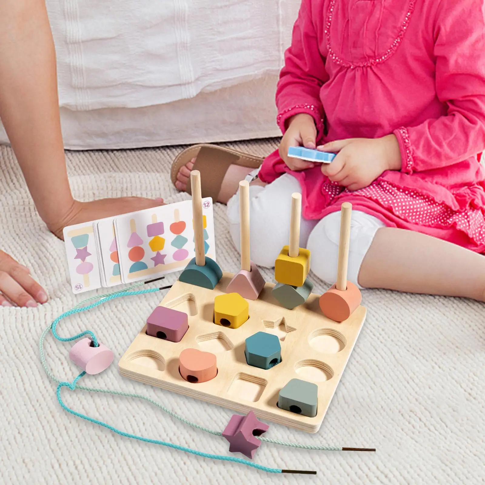 Montessori Beads Sequencing Toy Set Wooden Toy Educationaltoy Geometry Pairing for Kids 2 3 4 5 Year Old Children Preschool