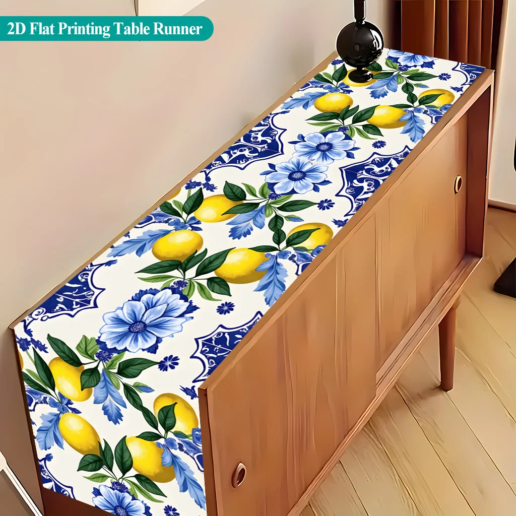 1pc Lemon & Blue Floral Table Runner Suitable for Indoor/Outdoor Dining, Rectangular Lemon Slice & Pattern Table Decor, Polyeste
