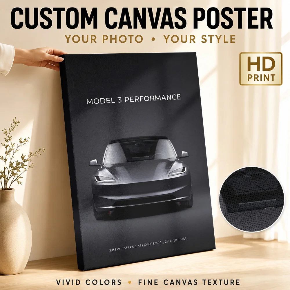 American Model 3 Performance Car Canvas Print Customized Photo Realistic Studio Illustration Wall Art For Auto Shop Reception