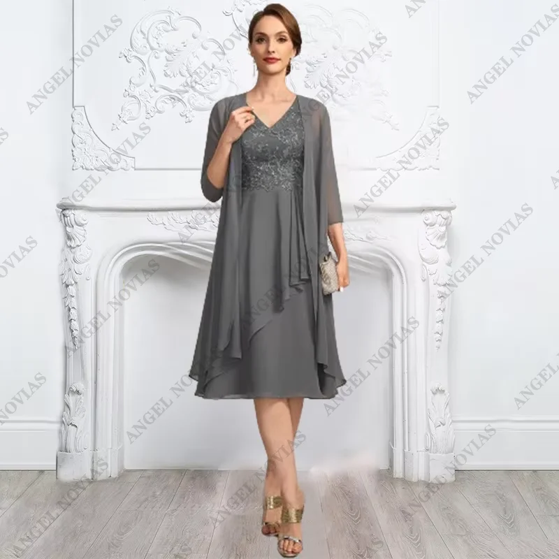 

Customized Two Piece Mother of the Bride Dresses A-line V-Neck Elegant Wedding Guest Dresses vestidos para madre de la novia