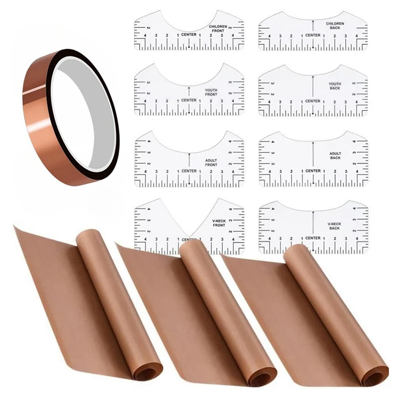 Tshirt Ruler PTFE-Sheets Heat Tape 3 PTFE Sheet For Heat Press,8 Tshirt Ruler Guide,1 Heat Resistant Tape Durable Easy Install