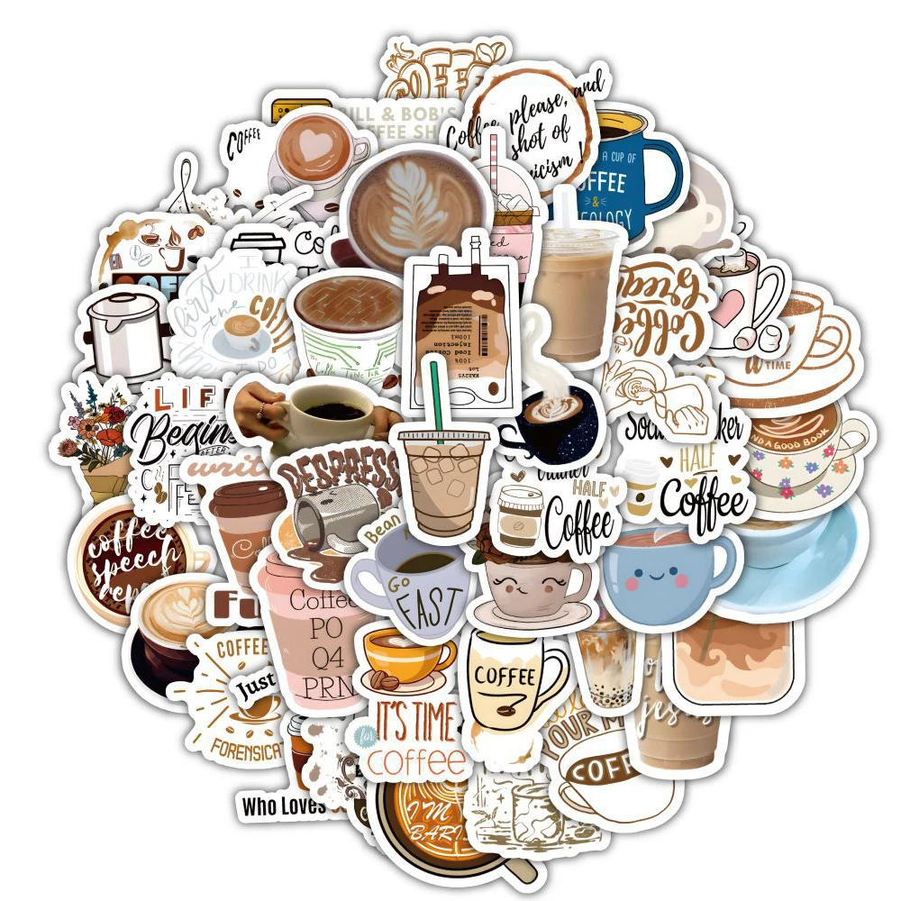 10/30/50/120pcs Cute Cartoon Coffee Graffiti Stickers Decals Laptop Water Bottle Phone Scrapbook Stationery Sticker Kids Toys