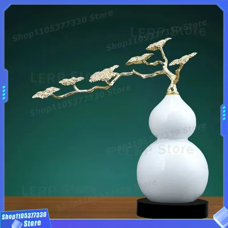 Luxury White Ceramic Gourd Ornament with Alloy Pine Branches Feng Shui Home Decor for Living Room Porch Office Dining Table