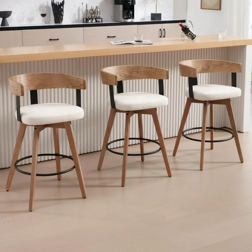 

Bar Stools Set of 3-26" Counter Height Bar Stool with Footrest - Modern Wood Barstools with Linen Upholstered Seat - White