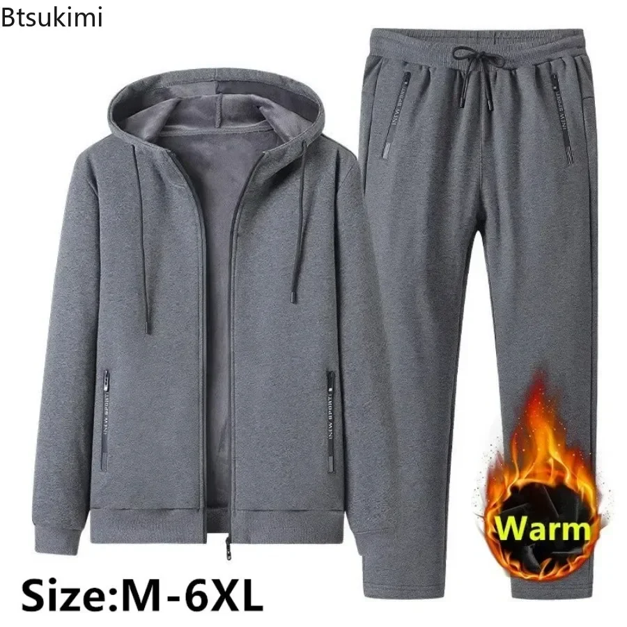 2024 Autumn Winter New Men Sets Men\'s Fashion Plus Fleece Thickened Warm Pure Cotton Hooded Sportwear Suit Man Casual Tracksuits