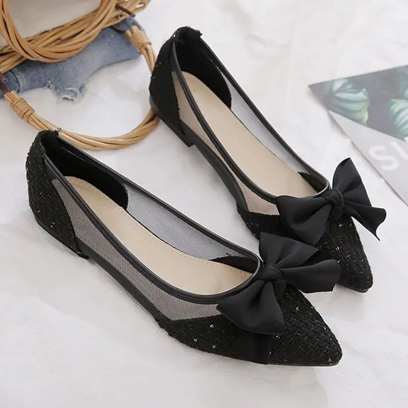 

Women's Summer Breathable Mesh Sandals New Korean Style Bow Pointed Toe Flat