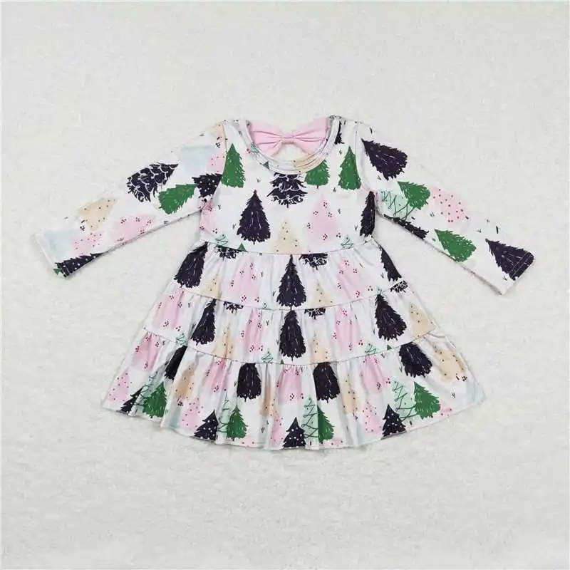 

New Fashion Baby Girls Colorful Christmas Tree Bow Long Sleeve Dress Wholesale Boutique Children Clothes RTS Skirt