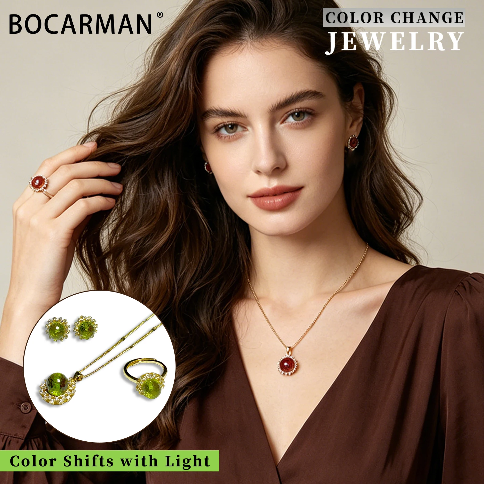 

Zultanite Color Changing 3PCS Jewelry Set for Women Round Earrings Pendant Ring Turkish Sultanite LighLight Sensitive Gemstone