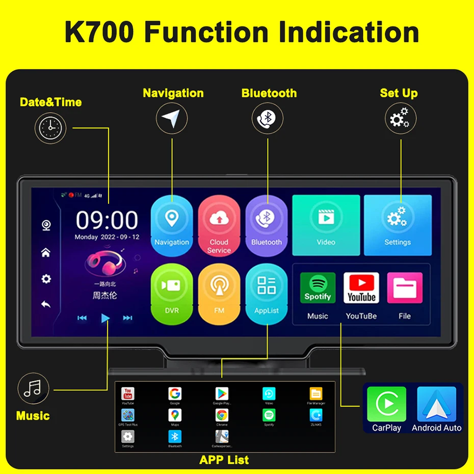 10.26 Inch Car DVR K700 Carplay Auto 4G GPS Navigation Dashboard 1080P FHD Dual Lens Android 13 Rearview Mirror Recorder Dashcam