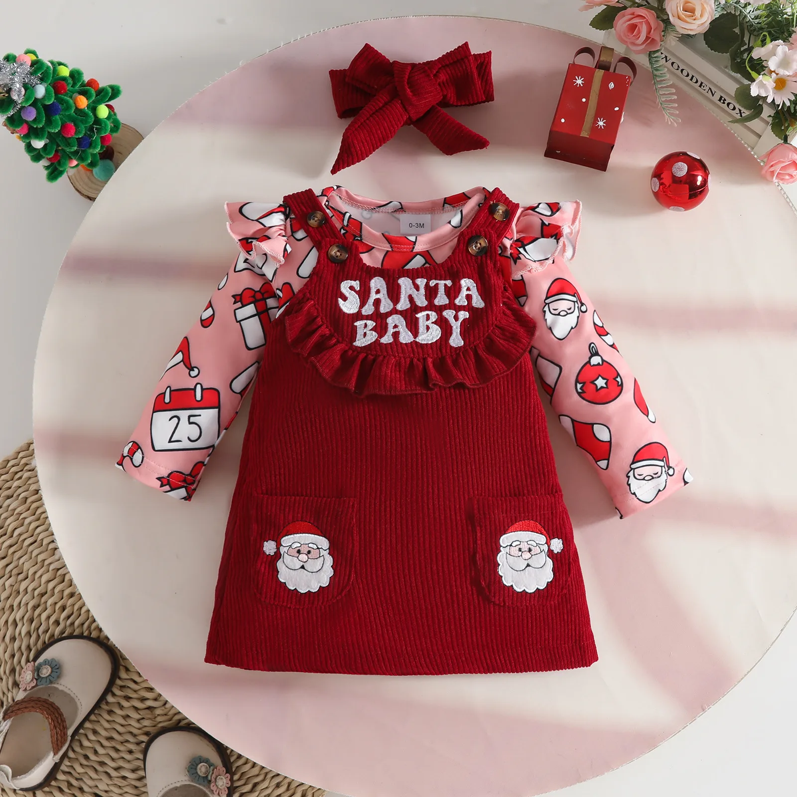 

2025 New Christmas Baby Light Cotton Embroidered Bodysuit Set with Bowknot Girls Corduroy Overall